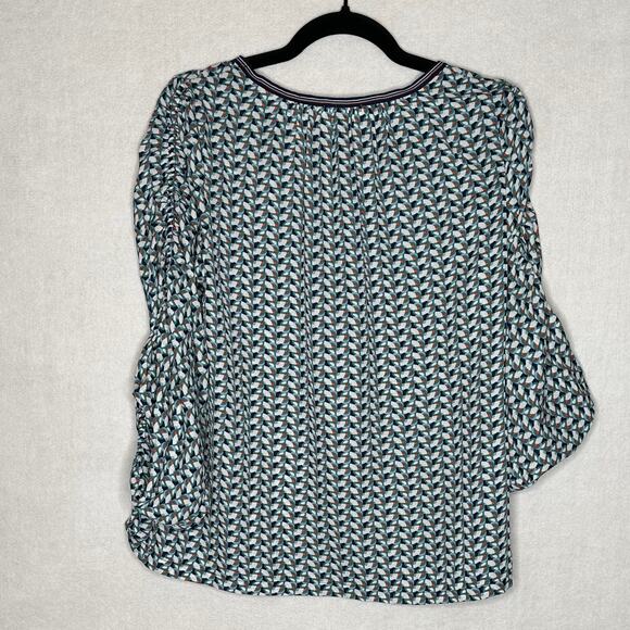 Max Studio Ruched Sleeve Chiffon Blouse Geometric Print Navy Ivory Size S - Picture 5 of 10
